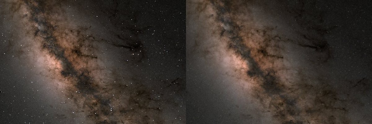 The Galactic center before and after cleanup: the bright stars are gone, the faint scatter and the dust remain