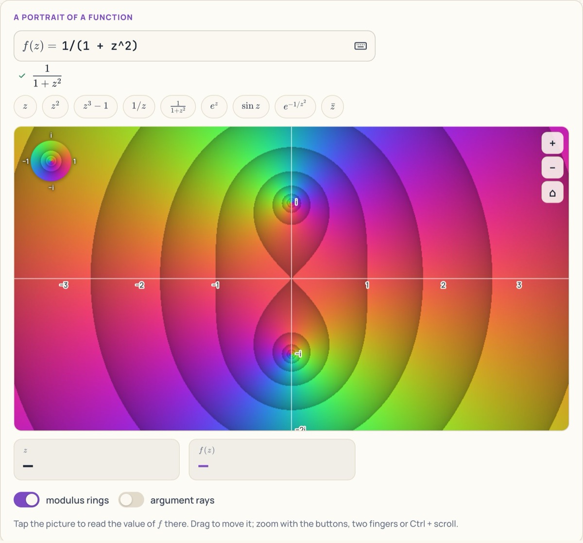 Domain colouring of 1/(1+z²): swirls of colour around i and −i